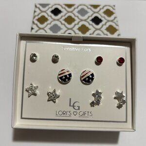 6 pair Loris Gifts Silver Patriotic Sensitive Ear Stud Earrings Set in Gift Box